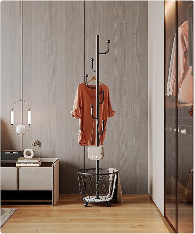 Black Cactus shaped Coat Rack Hanger Freestanding, Metal Clothes Rack with Basket 6 Hooks to Hang Clothes, Hat, Bag for Entryway, Hallway, Bedroom