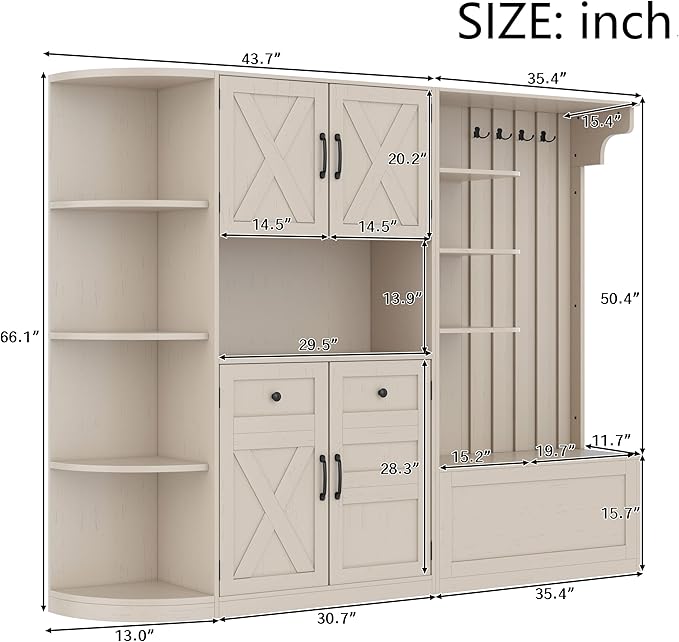 66" H Hall Tree with 4 Hooks, Open Shelving and Flip Hidden Shelf, Multifunctional Left-Right Combination Coat Rack (can be Used Separately), Entryway Bench for Living Room, Hallway (Beige/35)