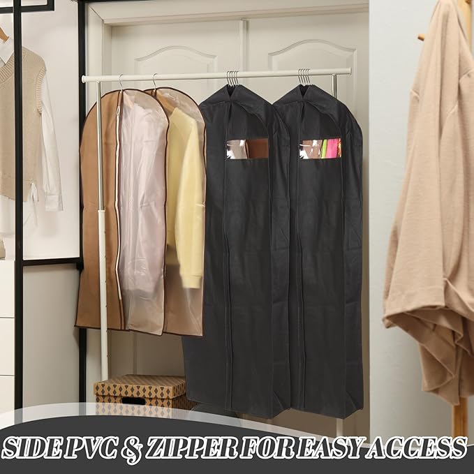 2 Pcs 10" Gusseted Garment Bags for Hanging Clothes Dress Bags for Gowns Long Closet Waterproof Garment Covers Wedding Dress Cover Traveling Clothes Protector(Black,65 Inch)