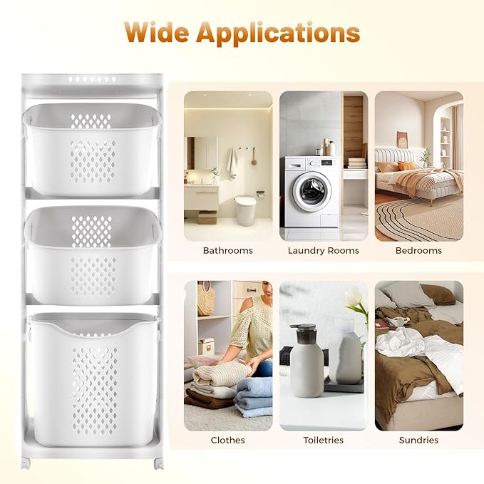 Rolling Laundry Basket Laundry Sorter, 3 Tier Laundry Hamper Basket Sorter,Wash Clothes Storage Organizer Shelf Rolling Cart