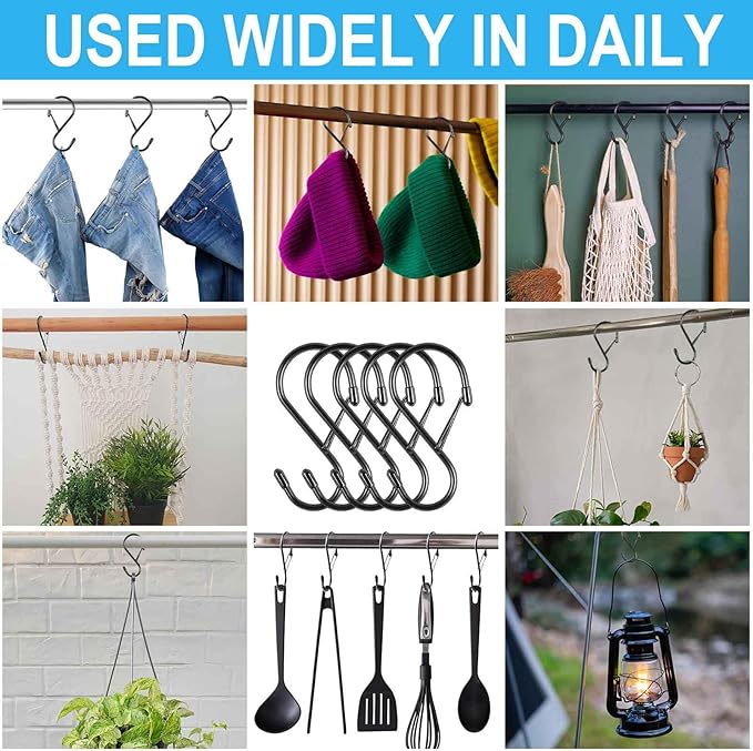 S Hooks for Hanging Plants, 4 Inch Large Heavy Duty S Hooks with Safety Buckle & Stopper Non Slip, 10 Pack Black Metal Closet S Hook for Hanging Clothes, Kitchen Utensil, Jeans, Curtains, Towels, Bag