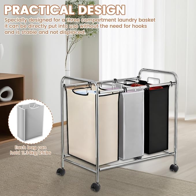 3 Pack Large Laundry Sorter Replacement Bags,Hamper Cart Removable Replacement, Storage Organizer Bag Hamper Liner, Wear Resistance for Standard 3 Compartment Laundry Hampers (Gray White Black)