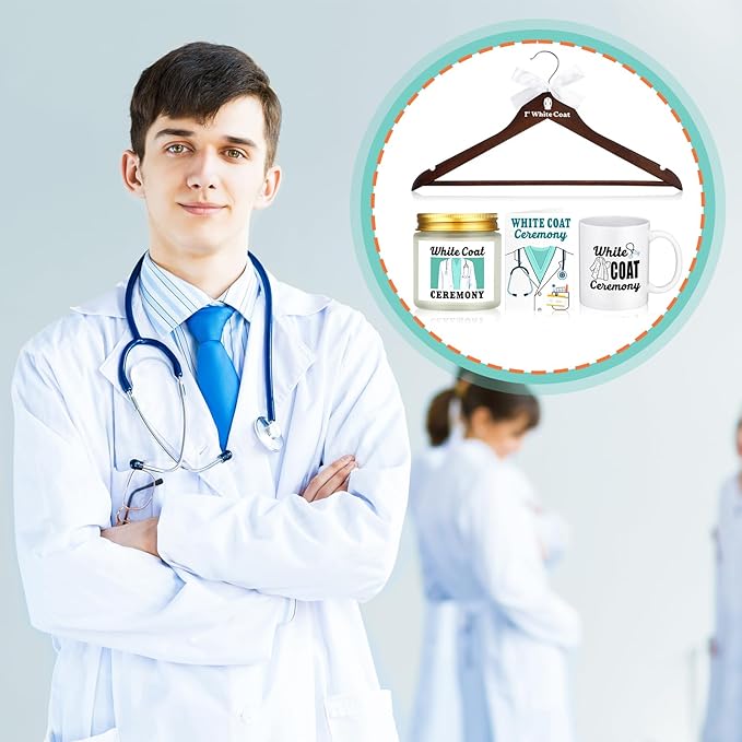 Nuanchu 4 Pcs White Coat Ceremony Gifts for Men Women Medical Student Include First White Coat Hanger Doctor Candle Mug Card Gift for Med School Pharmacist New Doctor