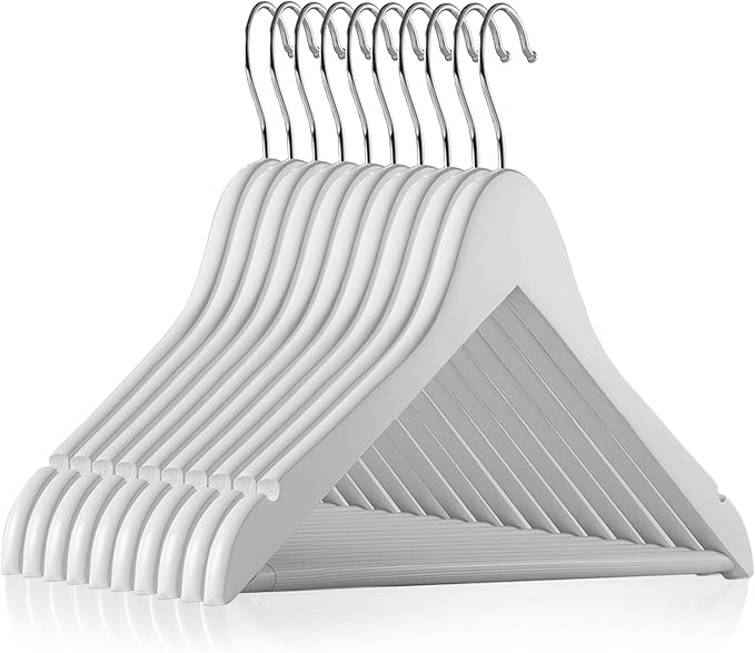 Casafield - 10 White Wooden Suit Hangers - Premium Lotus Wood with Notches & Chrome Swivel Hook for Dress Clothes, Coats, Jackets, Pants, Shirts, Skirts