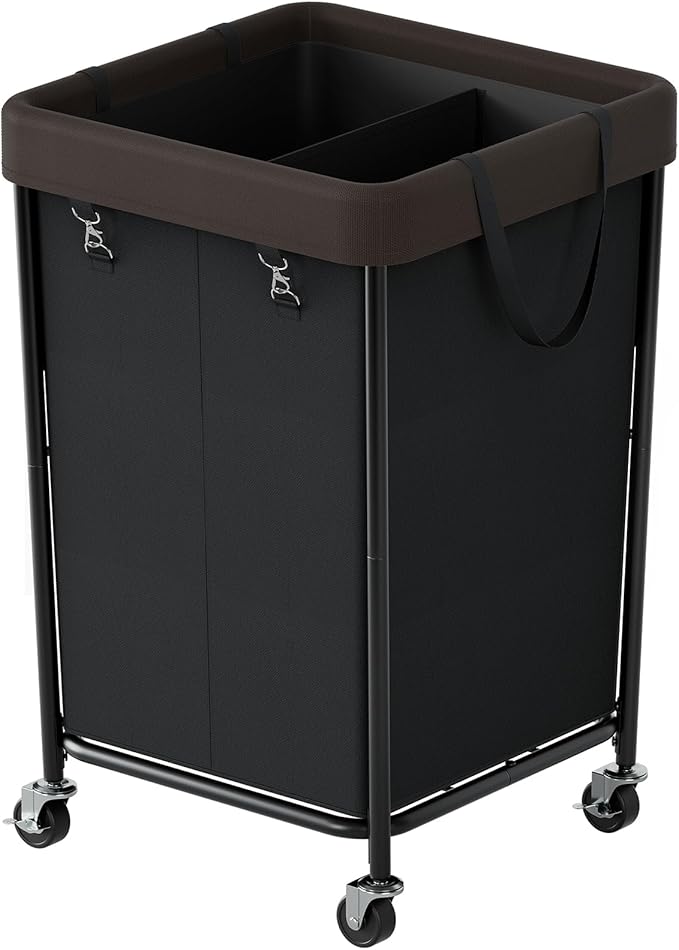 Chrislley 160L Laundry Hamper with Wheels, 2 Section Large Laundry Basket with Removable Bag, Steel Frame Dirty Clothes Hamper, Rolling Laundry Cart for Bedroom, Bathroom, Dorm, Hotel, Black