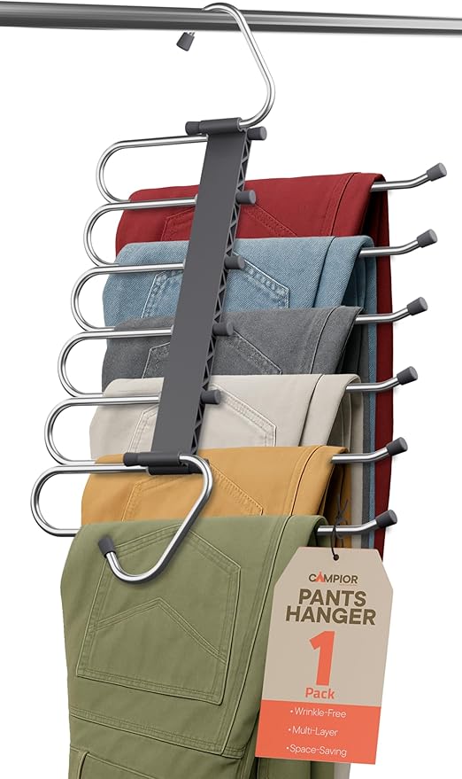 Space Saving Pants Hangers 1 Pack, 6 Layer Jeans Hangers and Closet Organizer for Jeans, Scarves, & Skirts, Multi-Layer Hanger with Anti-Slip Stopper, Heavy-Duty S-Type Stainless Steel, Gray