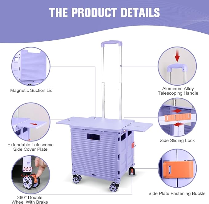 FELICON SELORSS Folding Utility Cart Portable Rolling Crate Handcart with Magnetic Sliding Lid Telescoping Handle Plastic Box Dolly 360°Swivel Wheels for Travel Shop Move Office Teacher(Purple Pro)