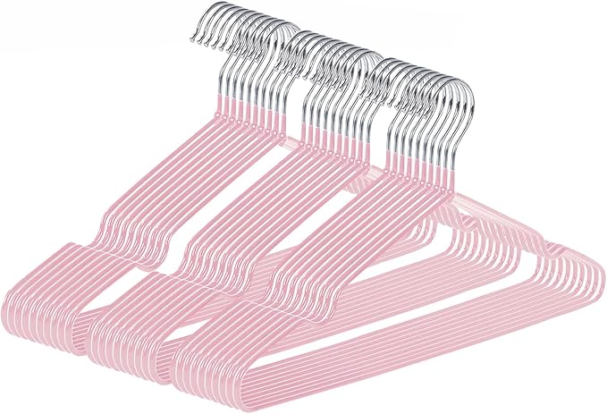 Ultra-Thin Metal Hangers, 30 Pack Non-Slip PVC Coated Space Saving Clothes Hangers for Closet, 16 inch Wide for Suits, Dresses, Jackets（Pink）