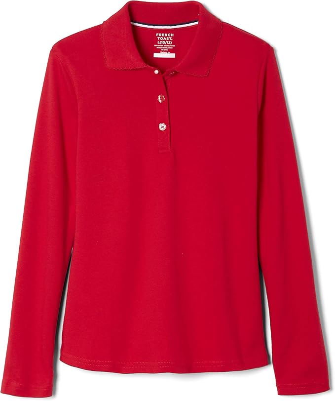 French Toast Girls' Picot Collar Polo Shirt with Long Sleeves (Kids Standard & Plus Size)