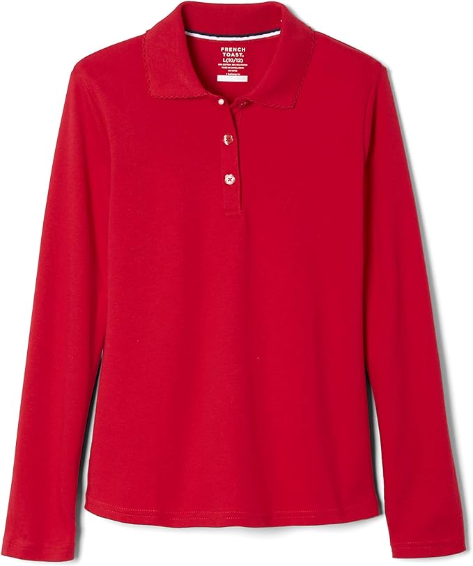 French Toast Girls' Picot Collar Polo Shirt with Long Sleeves (Kids Standard & Plus Size)