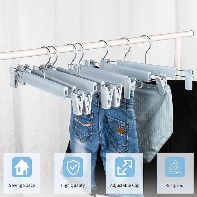 Skirt Hangers，Pants Hangers with Clips，360 ° Swivel Hooks Space Saving Hangers for Pants, Skirts, Clothes, Jeans (10Pack, Light Blue)