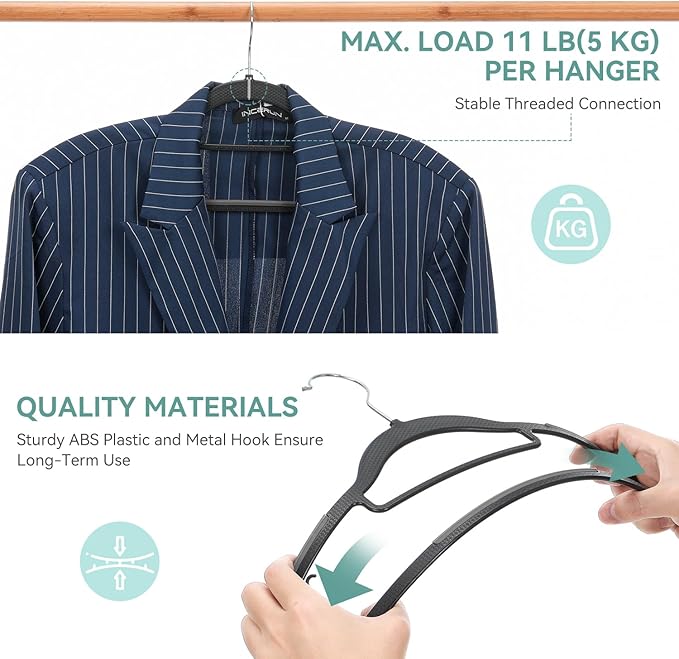 Coat Hangers 50 Pack, Plastic Clothes Hangers Non Slip with Rubber Grip, Heavy Duty Hanger with 360° Swivel Metal Hook, Ultra Thin Hangers Space Saving for Closet Organizer, Black and Dark Gray
