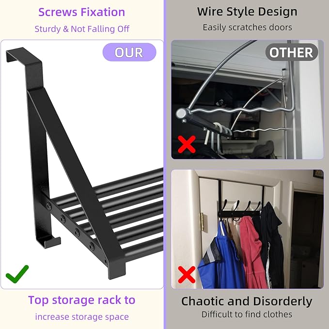 Over The Door Clothes Hanger with 2 Hooks, Stainless Steel Over The Door Hangers for Clothes with Storage Rack, Clothing Hanger Drying Racks for Laundry, Washroom, Fits Door Up to 1.77", Matte Black