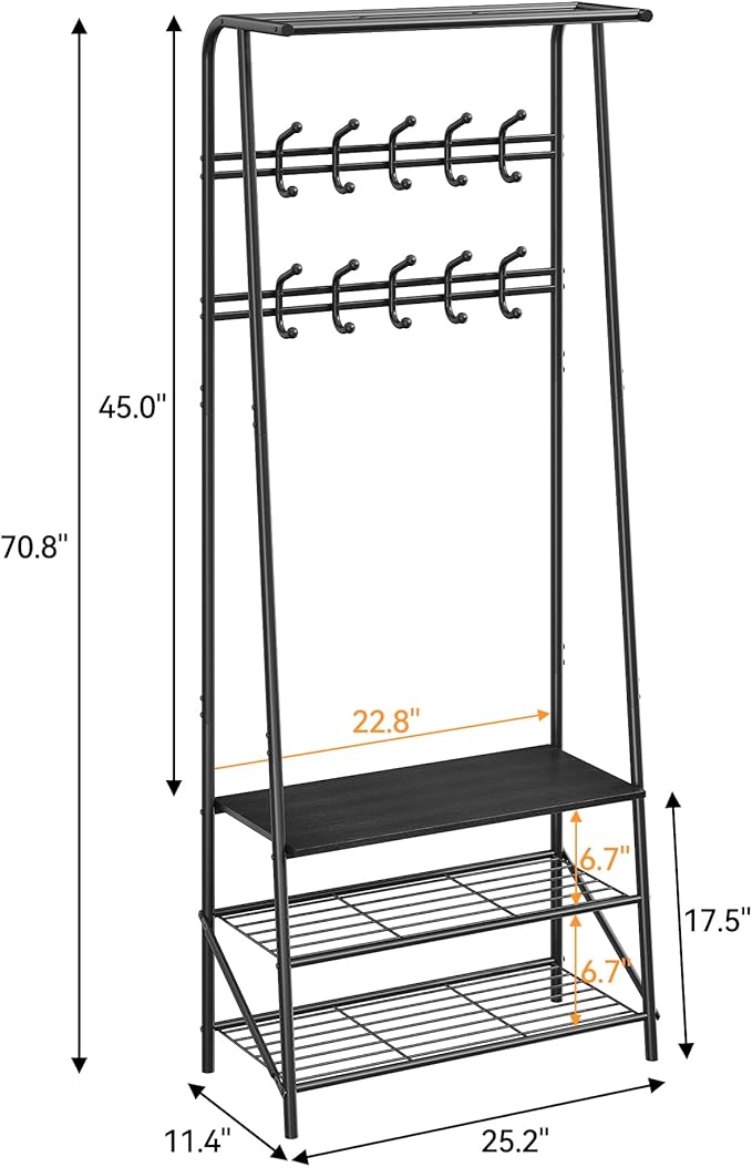 Coat Rack Shoe Bench with Double-Row 10 Hooks 60cm Width, 3-Tier Shelf Entryway Hall Tree with Storage, Metal Frame Multifunctional Organizer, 4-in-1 Coat Rack for Bathroom, Hallway.Black.