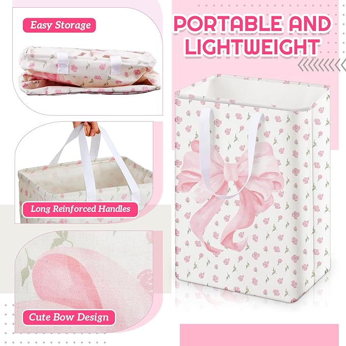 2 Pack Pink Bow Large Laundry Baskets, Bow Laundry Hamper with Handle, Pink Waterproof Canvas Fabric Lightweight Storage Basket, Bathroom Decor, Collapsible Clothes Hamper in Room