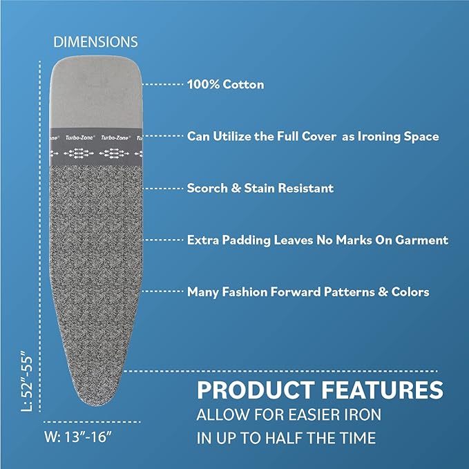 Bartnelli Ironing Board Cover and Pad, Made in Europe with New Patent Technology | 54x15 Iron Board Replacement Cover Featuring Park & Turbo Zone, Scorch Resistant 100% Cotton Thick Layered Top