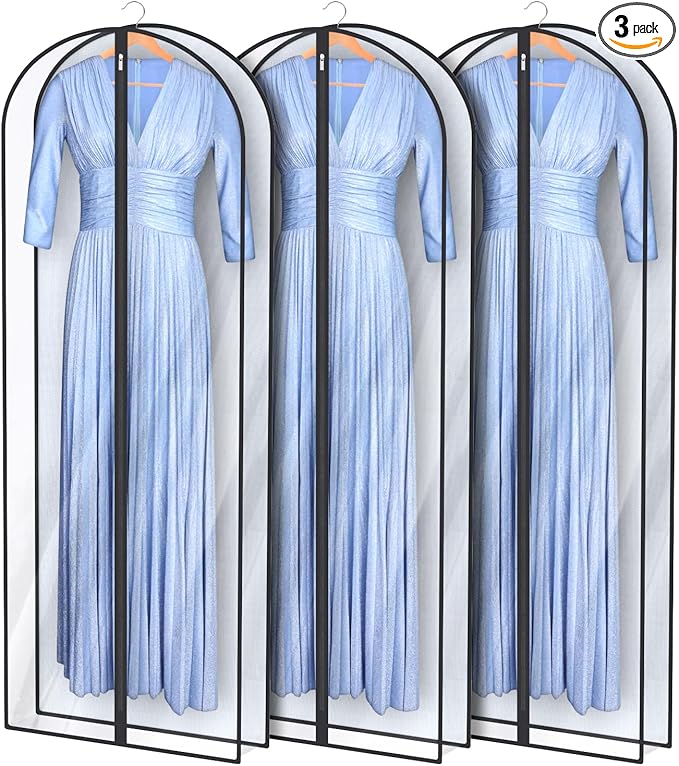 Univivi Dress Bags for Gowns, 65″ Clear Garment Bags for Hanging Clothes, 4″ Gusseted Long Dress Garment Bag for Closet Storage, 3-Pack