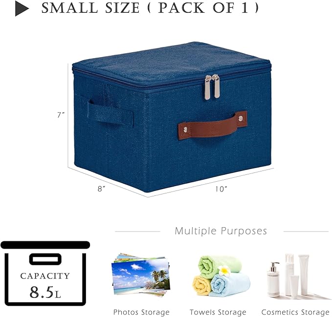 Storage Bins with Zipper Lid Cotton Linen Fabric Lidded Storage Baskets Boxes Foldable Washable Closet Shelf Clothes Organizer Container with PU Leather Handles (Deep Blue, Small)