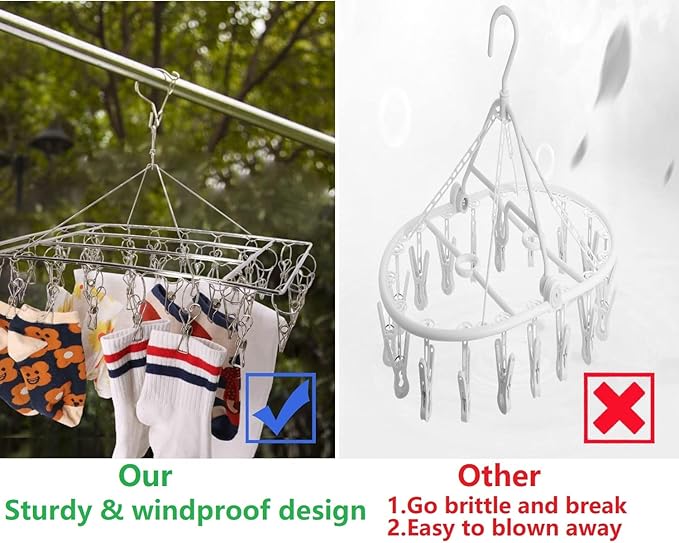 Clothes Sock Drying Rack with 36 Clips, Stainless Steel Underwear Dryer Swivel Laundry Hanger with Windproof Hook for Hanging Towels Bras Gloves Baby Clothes Indoor Outdoor