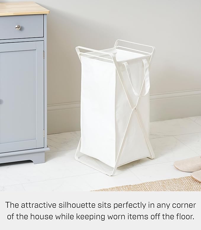 Yamazaki Home Tower Laundry Hamper Clothes Basket With Cotton Liner - Small, 25.2" - Steel + Cotton - 12 Gallons, 45 Liters