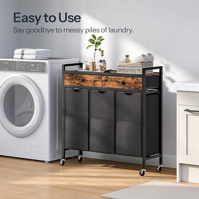 HOOBRO Laundry Sorter 3 Section, 130L Laundry Hamper with 2 Drawers, Rolling Laundry Basket, Pull-Out and Removable Laundry Bags for Laundry Room Organization, Rustic Brown and Black BF78XY01