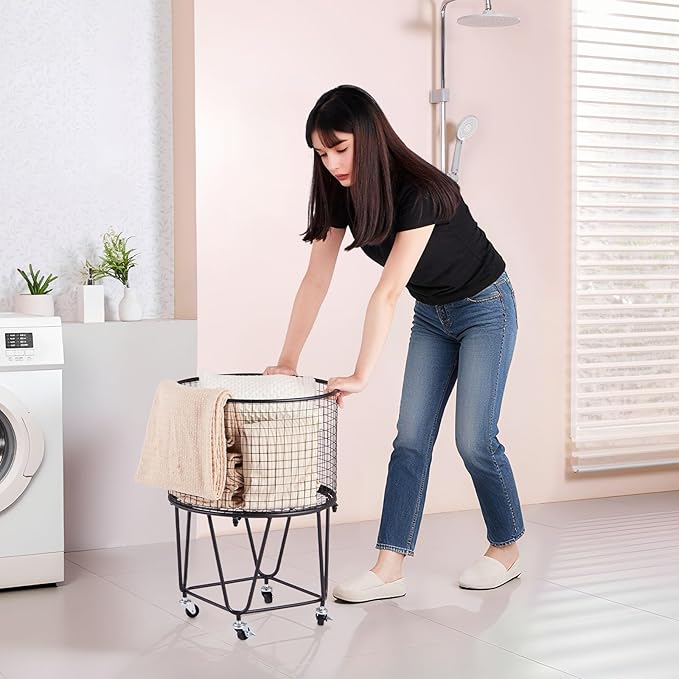 VEVOR Laundry Basket with Wheels, Metal Storage Cart Deep Set Rolling Mesh Laundry Hamper, 60 LBS Large Load Capacity, 17" x 17" x 24", Black