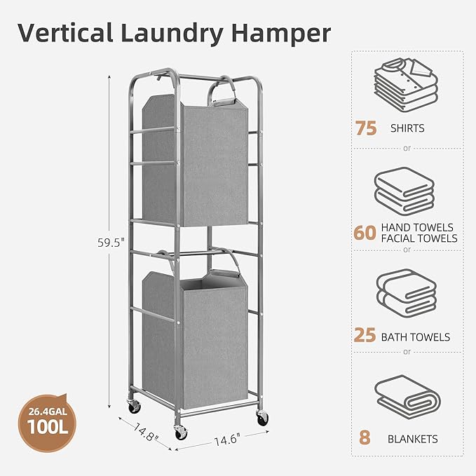 STORAGE MANIAC 2 Tier Vertical Laundry Hamper, 2 Section Laundry Sorter with 2 Removable Tote Bags, Rolling Clothes Basket for Towels, Blankets, Tall Dirty Clothes Hamper for Closet, Bathroom, 2 Bags