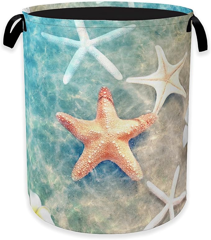 Laundry Hamper,Sea Starfish Laundry Basket,Beach Flowers Portable Collapsible Laundry Room Organization Storage for Dorm Room,Nursery,Bathroom,Bedroom,16x20 Inch