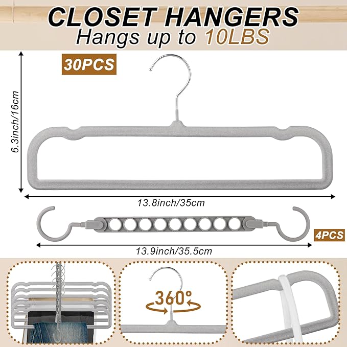 Velvet Pants Hangers Non Slip, 30 Pack Velvet Hangers for Closet with Porous Hooks, Strong Durable Space Saving Slim Clothes Hanger, Ultra Thin Flocked Hanger for Pants/Shirts/Bra/Shorts (Grey)