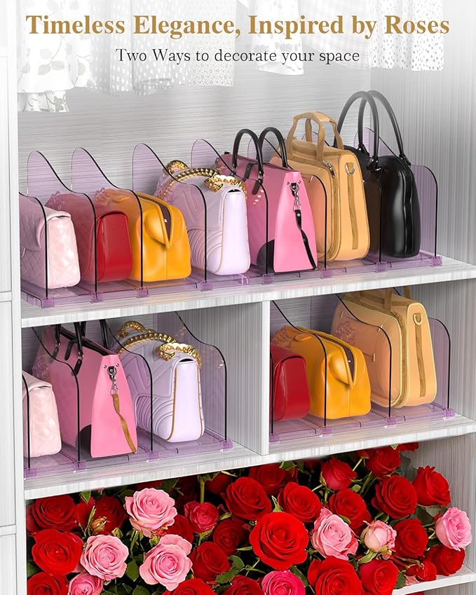 Rose Purse Dividers for Closet, 2 Pack Clear Clutch Purse Closet Organizers, Adjustable Handbag Storage Organizers, Plastic Bookshelf Separator Dividers for Bedroom Office
