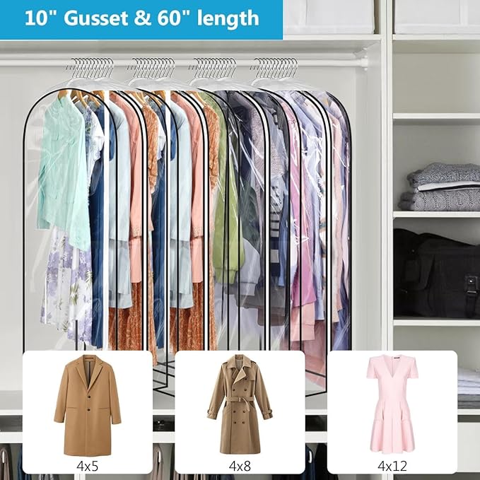 60" Clear Clothes Hangers with Smooth Side Zipper, 10" Gusseted Waterproof Garment Bags for Shirts, Coats, Dresses, Suits, 4 Pack