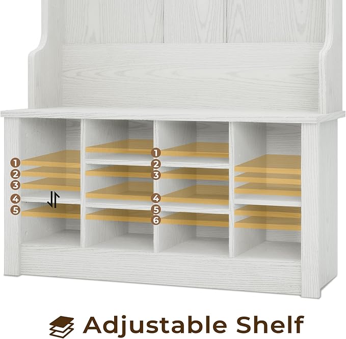 Itaar Hall Tree with Storage Bench, 3-in-1 Entryway Bench with Coat Rack, Adjustable Shoe Storage and Hanging Hooks, Embossed White