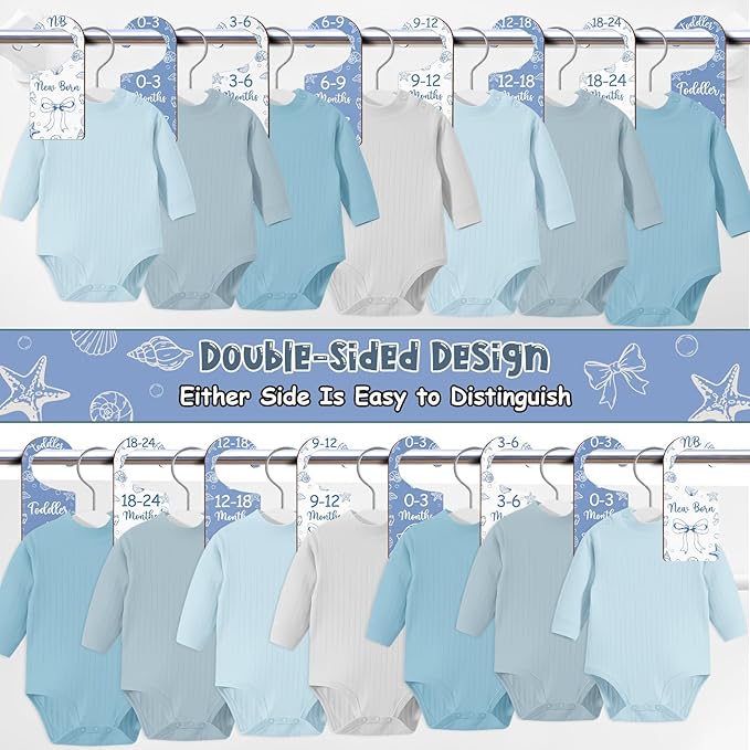 Baby Closet Dividers 8PCS, Blue Shell & Bows Themed Wooden Double-Sided Clothes Size Hanger/Organizer from Newborn to Toddler for Nursery Decor Baby Shower Birthday Party Gift