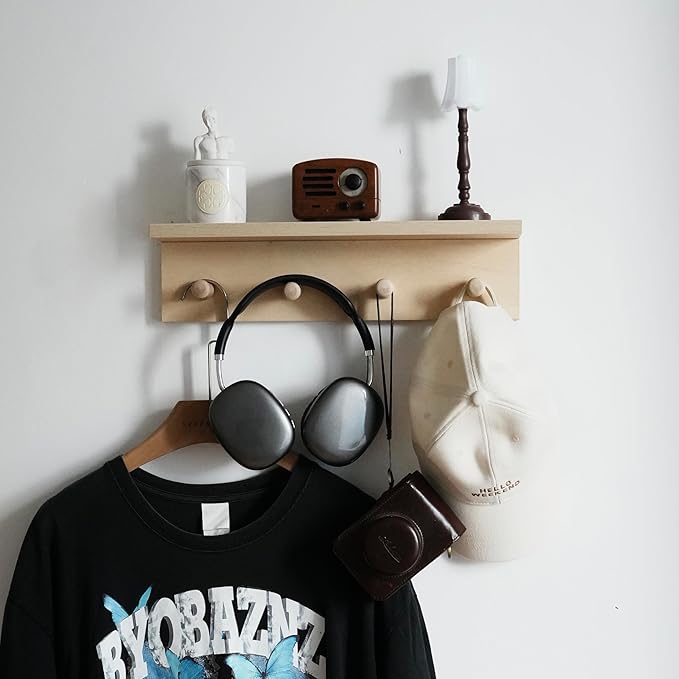 Entrance Coat Rack ，Coat Hooks, Wall-Mounted Wooden Hook Rack, Wall-Mounted Shelves are Very Suitable (Birch Color Finish—A-1)