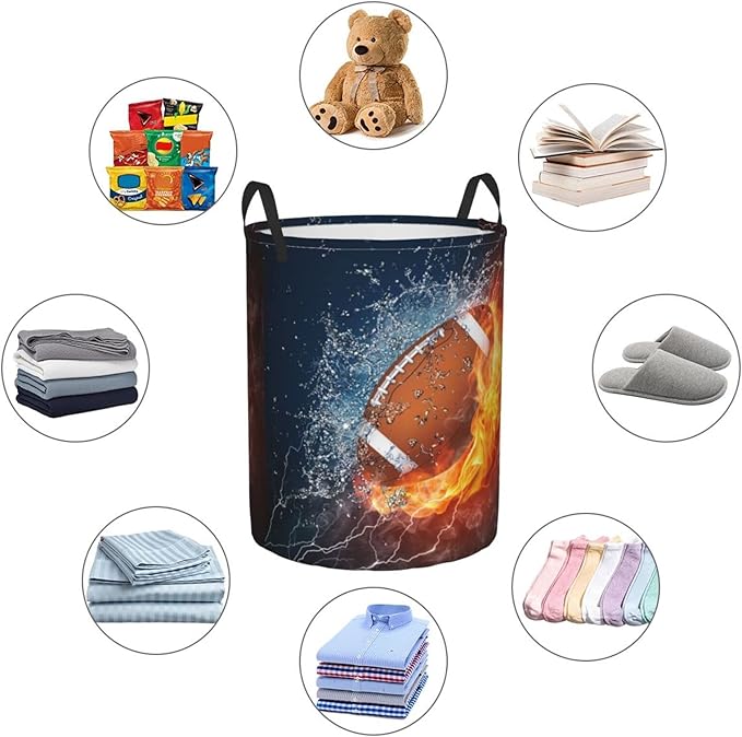 Dujiea Football Ball In Fire And Water Laundry Basket Round With Handle, Collapsible Foldable Canvas Storage Bin Dirty Clothes Bag For Laundry/Toys Organizer/College Dorm/Nursery/Decor(2 Sizes)