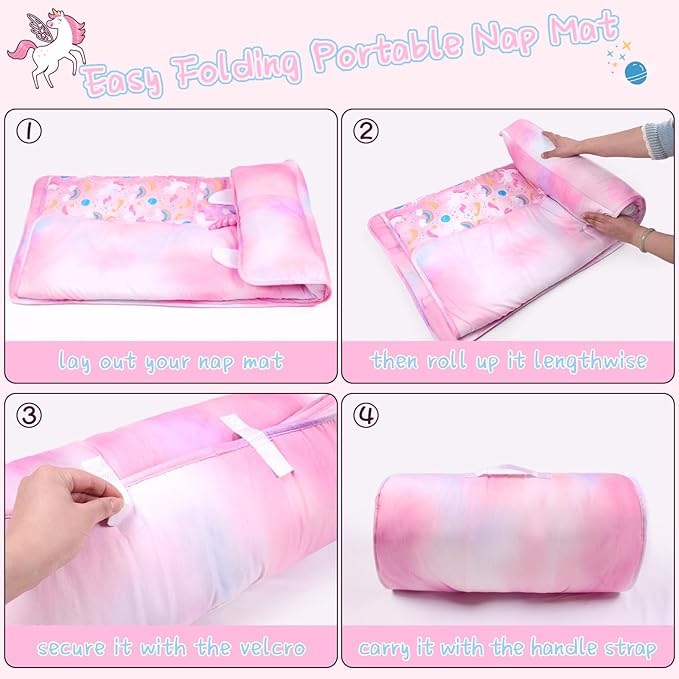 Toddler Nap Mat with Removable Pillow and Blanket Dream Unicorns Kids Sleeping Bag with Pillow Reinforced Stitching Machine-Washable, Soft Nap Mats for Daycare, Travel, Camping 53"x21"