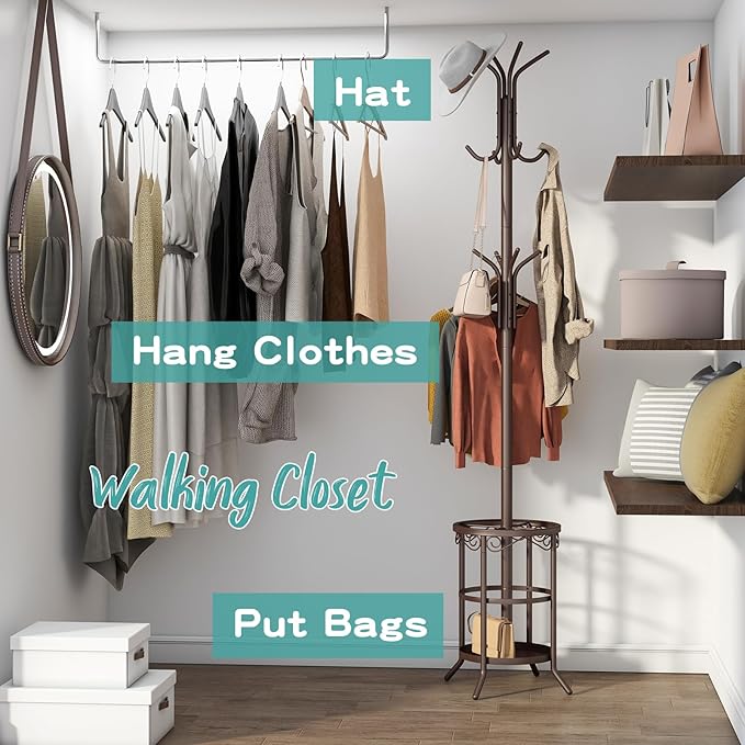 Coat Rack with Umbrella Holder, Metal Coat Rack Stand with 12 Hooks, for Entryway, Hallway, Living Room, Bedroom