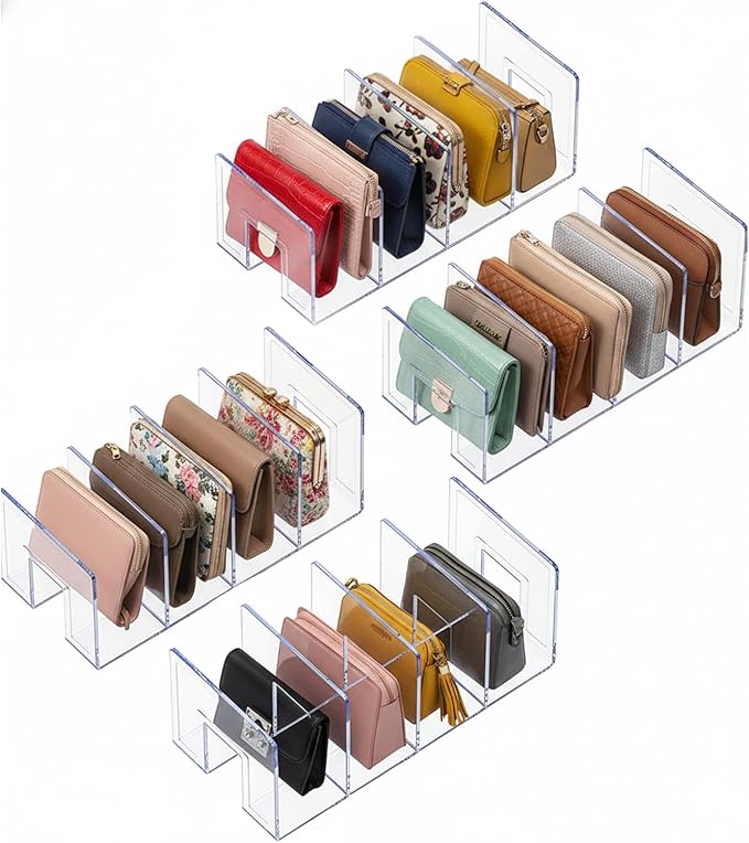 YAGELI Clear Acrylic Purse/Handbag Organizer - 4 Sections Divider for Closet Storage - Sturdy Organizer Rack for Purses, Handbags, and Clutches(4Pack-4Sections)