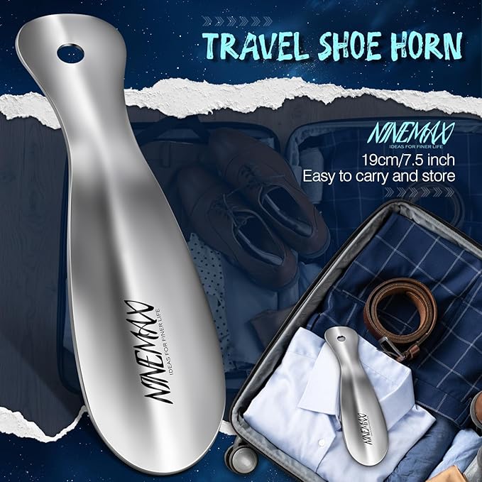 NINEMAX Shoe Horn Long Handle for Seniors Men Women, Metal Long Shoehorn Boot Horn 16.5'', Small Travel Stainless Steel Shoe Spoon Helper for Kids 7.5''