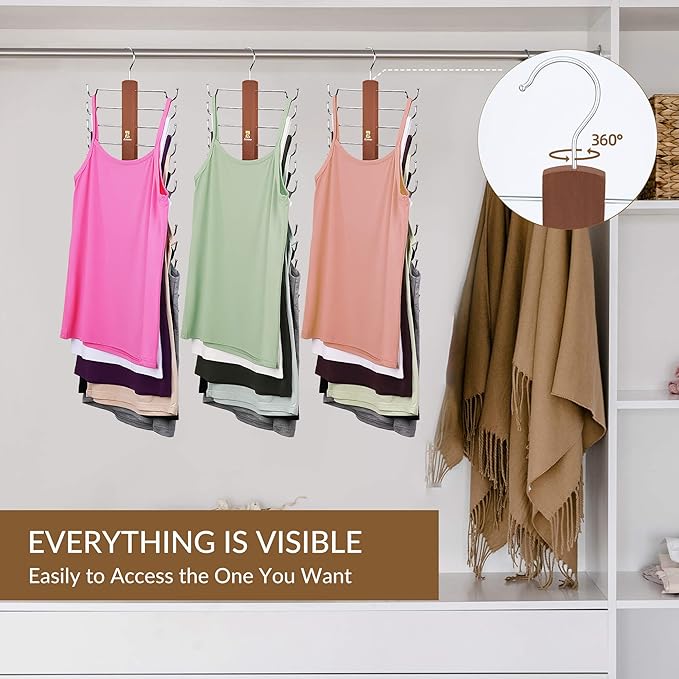 ZEDODIER Tank Top Hanger，2 Pack Wooden Bra Organizer for Closet, 12 Storage Capacity, Top 360° Rotation, Hanging Space Saving Hook for Tank Tops, Sport Bras, Camisoles, Lingeries, Vintage