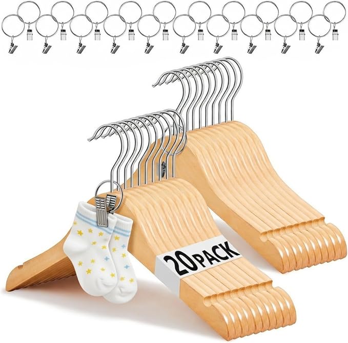 20 Pcs Wooden Baby Clothes Hangers with 20 Pcs Metal Ring Clips 12.6" Wooden Shirt Coat Hangers with Notches and Anti Rust 360 Swivel Chrome Hook for Kids Children Toddler Clothes