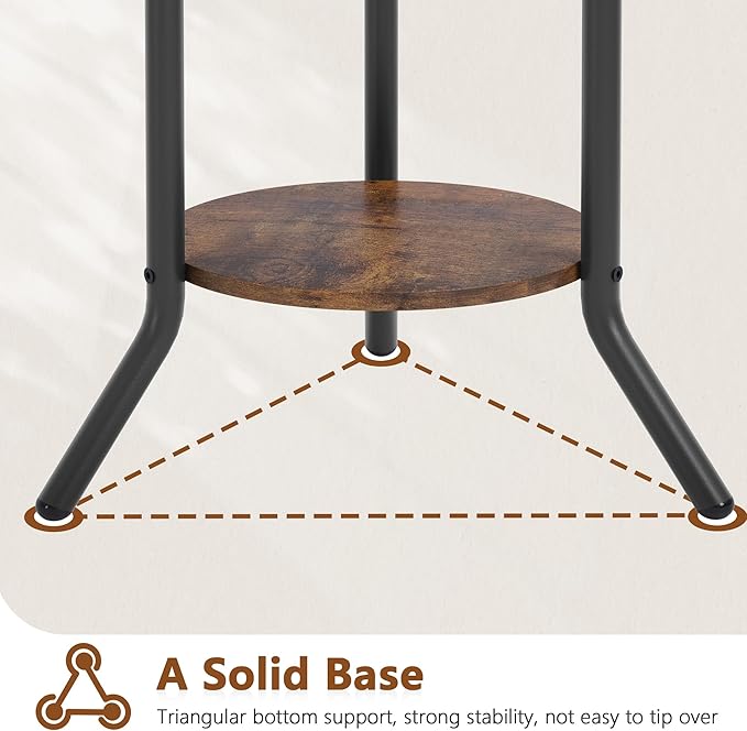 Hoctieon Coat Rack Freestanding, Round Coat Rack with 3 Wooden Shelves and 1 Fabric Basket, Metal Clothes Tree with 5 Hooks, Coat Hanger Stand for Clothes, Hats, Bags, Brown and Black