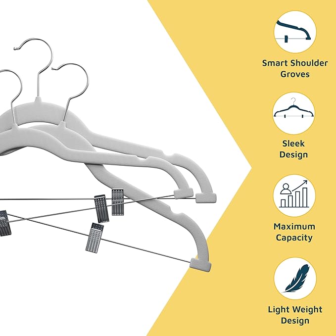 Lifemaster Velvet Skirt Hangers – with Adjustable Clips, 360 Degree Swivel Hook, and Non-Slip Shoulder Notch, Holds Up to 10 lbs, for Organizing Skirt, Pants, Dress, and Clothes, Pack of 20, White