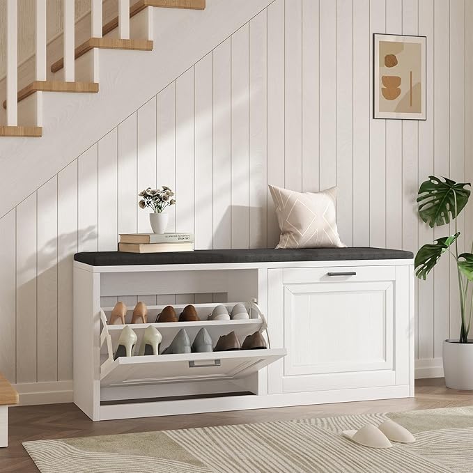 Shoe Storage Bench with Cushioned Seat, 2-Tier Entryway Bench with 2 Flip Drawers & Adjustable Shelves, 39.4" Shoe Rack Bench for Entryway, Living Room, Hallway (White)