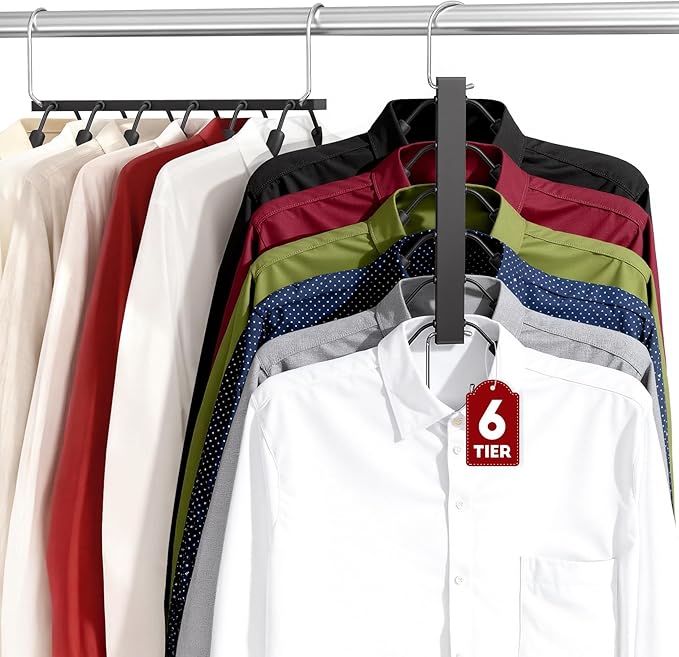 Clothes Hangers Space Saving 6 Tier Coat Hangers, Swing Arm Non Slip Padded Multi Sweater & T Shirt Hangers, 3 Packs Heavy Duty Stainless Steel Sweater Closet Organizers and Storage