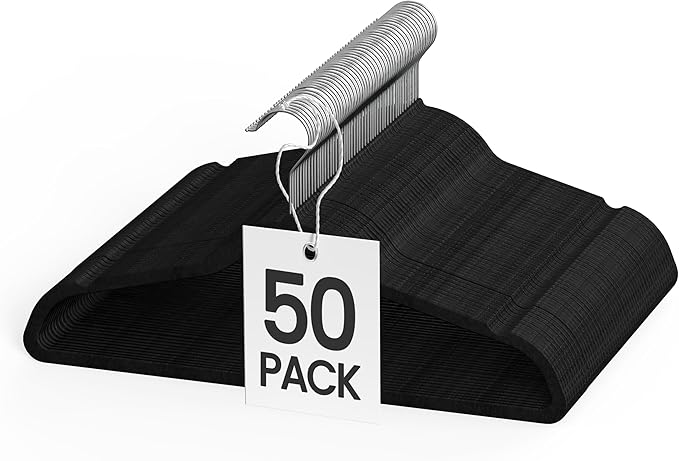 YSSOA Heavy Duty Velvet Hangers 50 Pack, 360° Swivel Hooks, Non-Slip Clothes Hangers with Shoulder Notches, Black