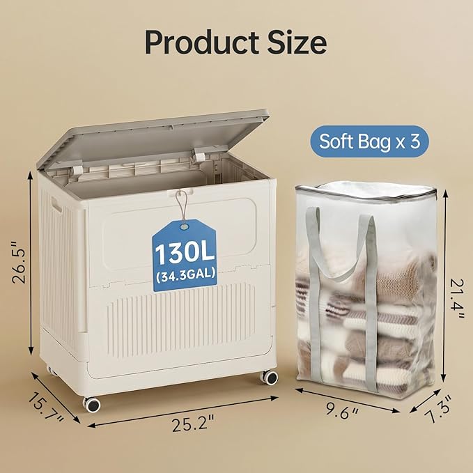 HAIXIN HOME 130L Plastic Laundry Hamper with 3 Soft Bags, Foldable Rolling Clothes Laundry Basket with Lid for Bedroom, Bathroom, Dorm, Heavy Duty Clothes Organizer with Wheels for Bedding, Blankets