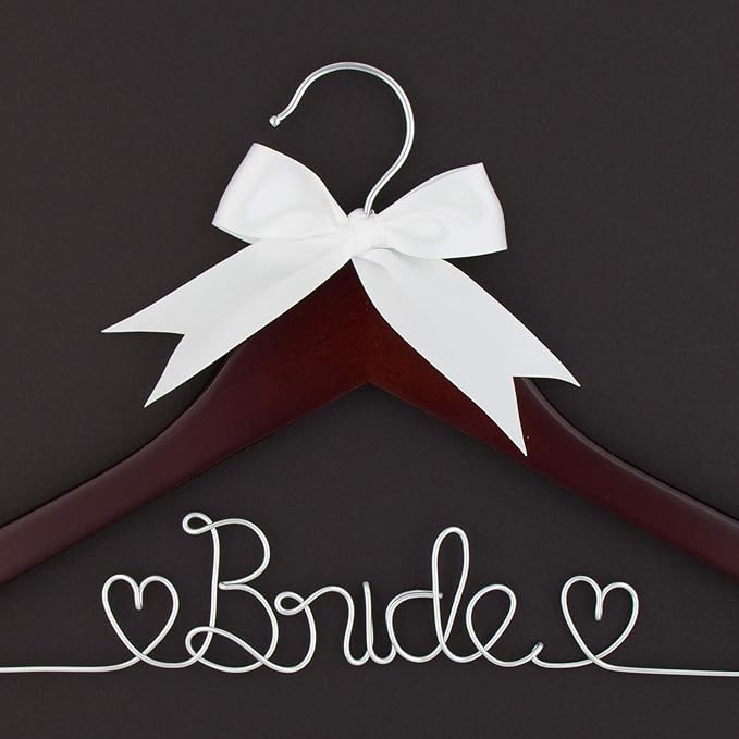 Ella Celebration Bride to Be Wedding Dress Hanger Wooden and Wire Hangers for Gown (Mahogany Wood Silver Wire)
