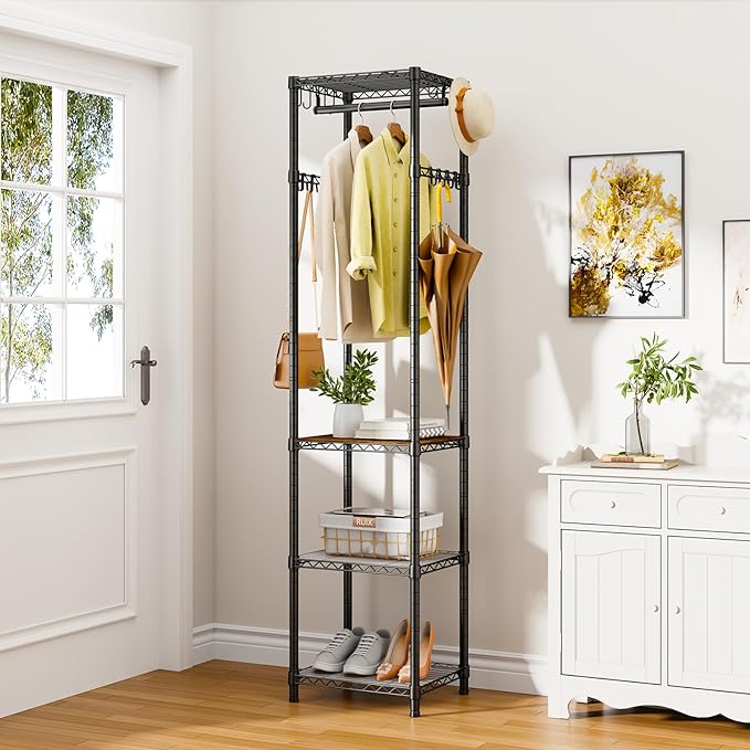 R1 Black & R1 White Coat Rack Freestanding, Hall Tree with 4 Storage Shelves and 16 Hooks, Coat Rack Stand with Shelves, Small Clothes Rack Organizer for Entryway, Hallway, Bedroom, Office
