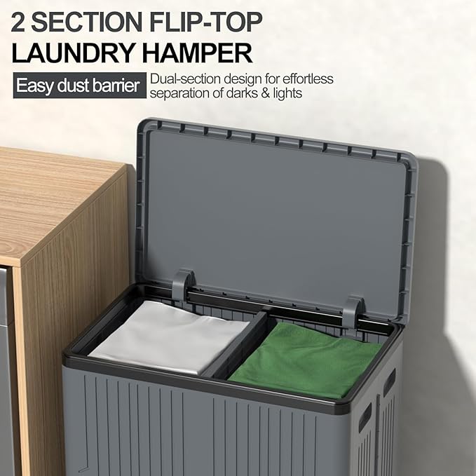 120 L Collapsible 2 Section Laundry Hamper, Plastic Rolling Laundry Basket 2 Section with Lid, Gray